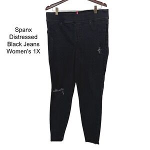 Spanx Distressed Black Jeans Womens 1X High Rise Skinny Pull On Raw Hem‎ Denim
